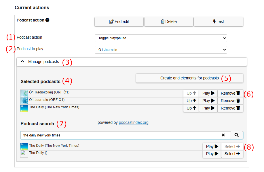 Web radio action options