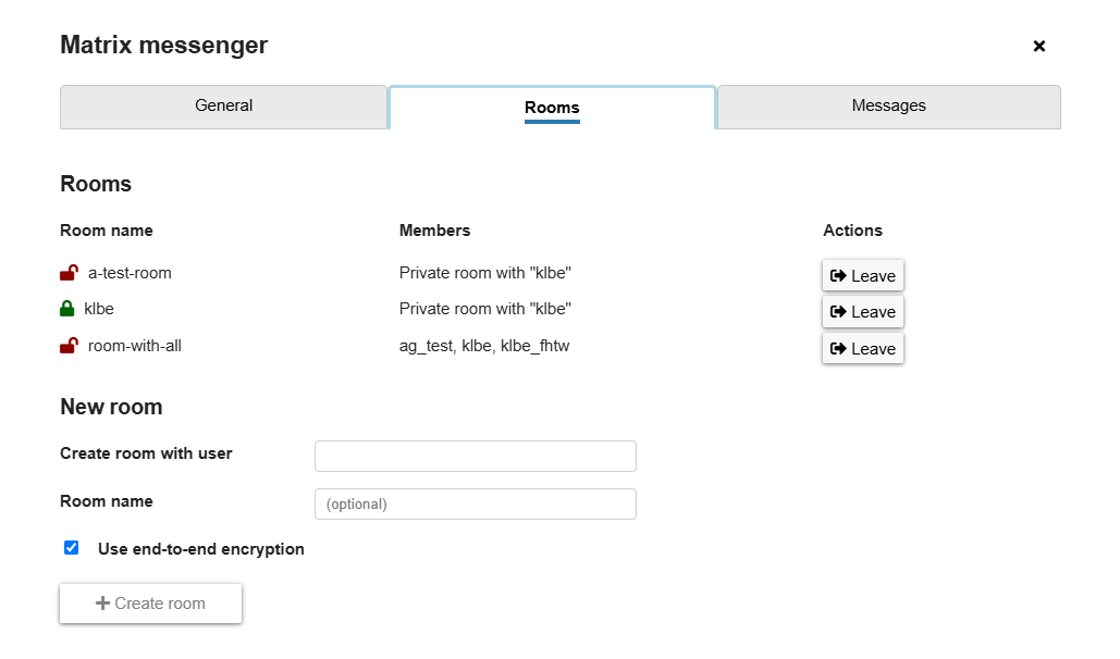 Settings dialog for Matrix integration - Rooms
