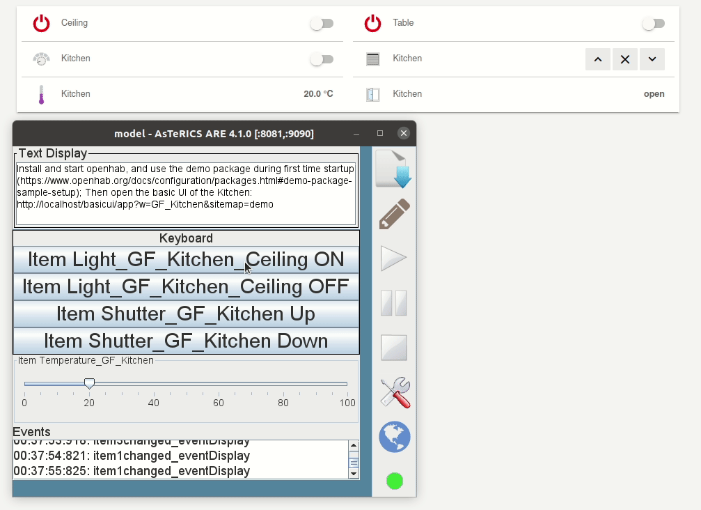 Screenshot: OpenHAB Basic UI of Kitchen and ARE GUI with buttons to control OpenHAB items. Animation showing light and roller shutter items switched on and off and the temperature slider changing the temperature