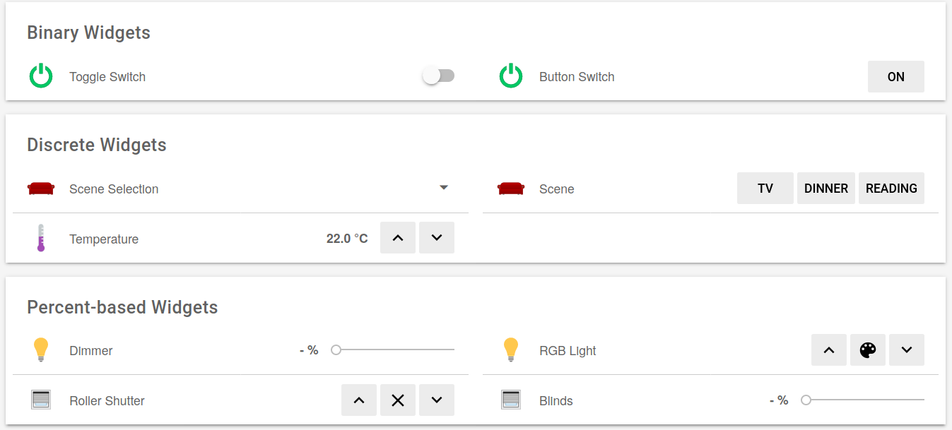 Screenshot: openHAB demo with different options (./light, heating, temperature, ...)