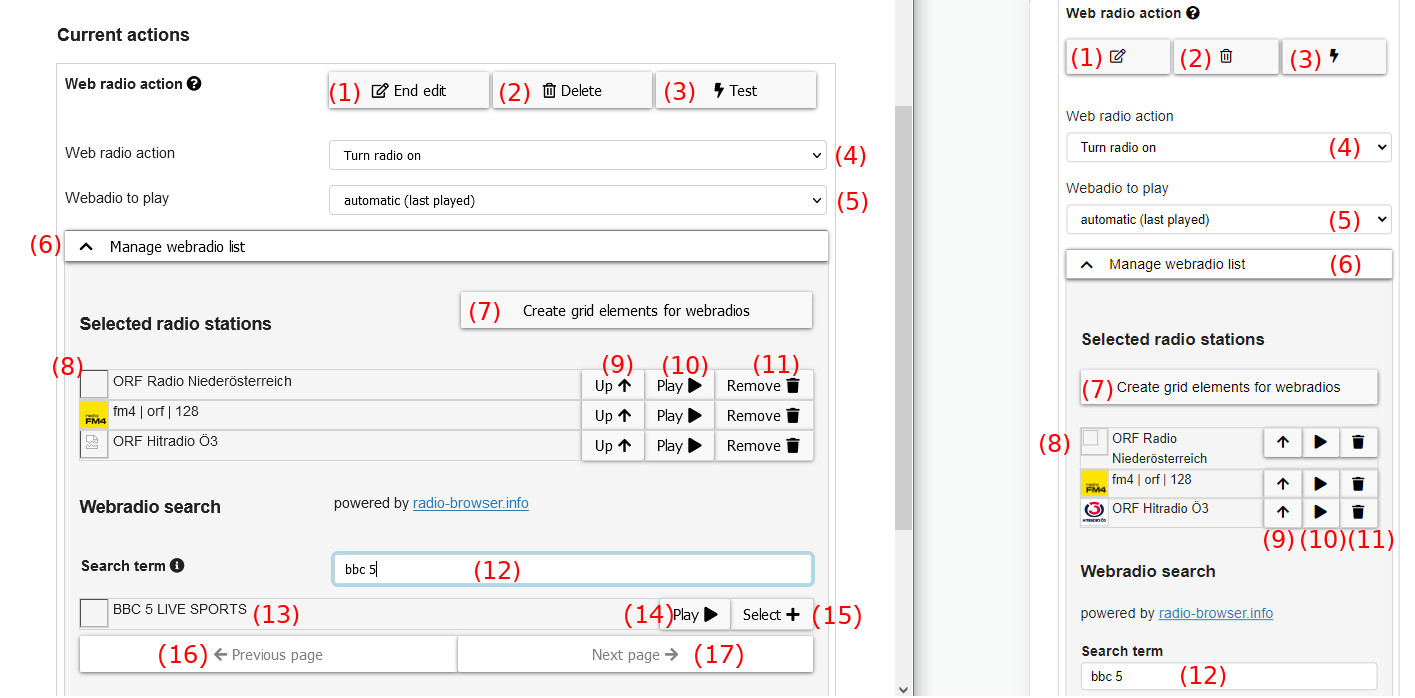 Web radio action options