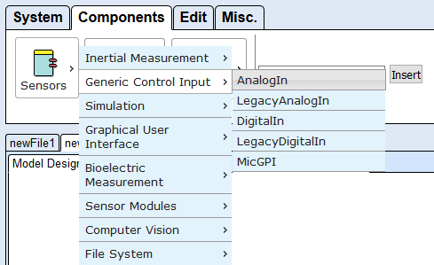 Screenshot: The menu after opening a components submenu